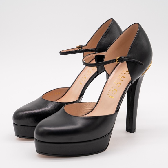 size 40.5G 10.5 US Gucci Platform Pumps Black Leather Strap Buckle - Picture 1 of 12